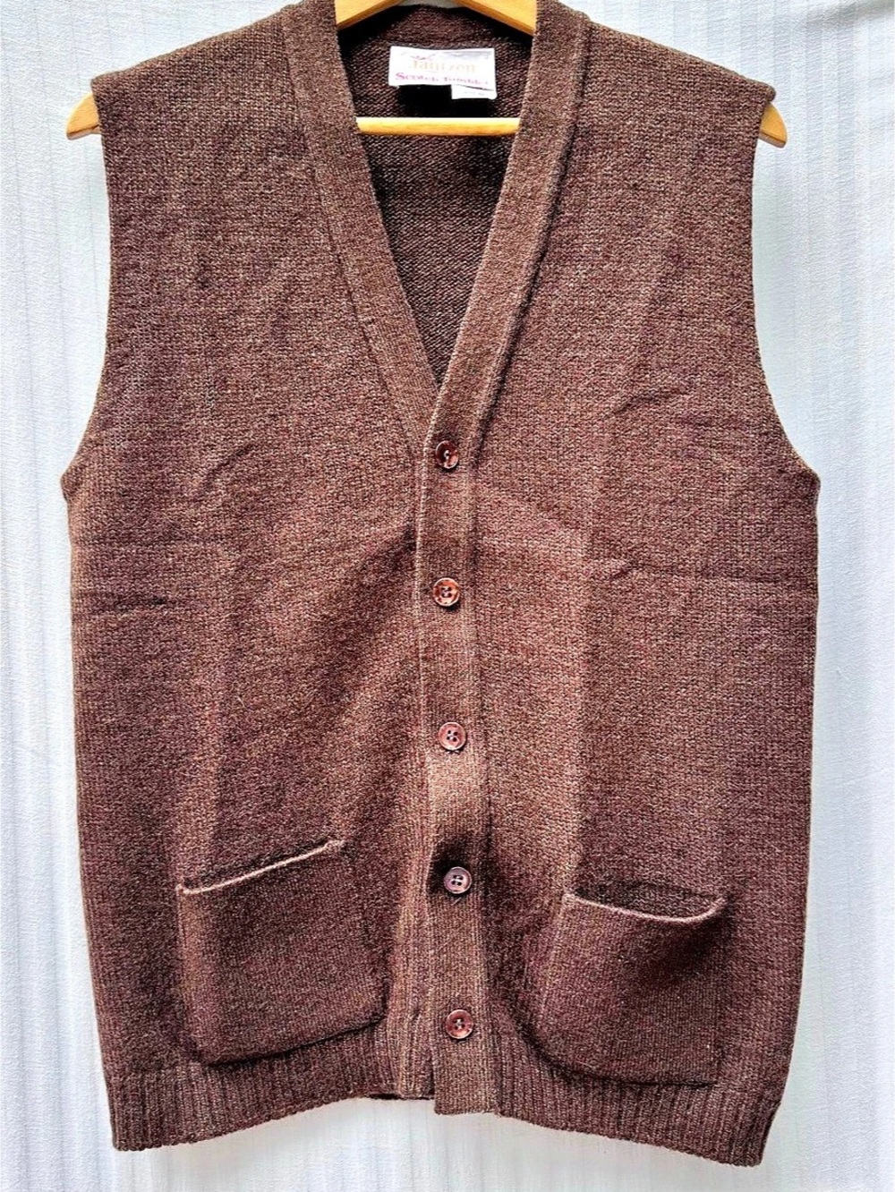 Vtg 60s Jantzen Scotch Tumbler Cardigan Sweater Vest Mens Medium Brown Pockets